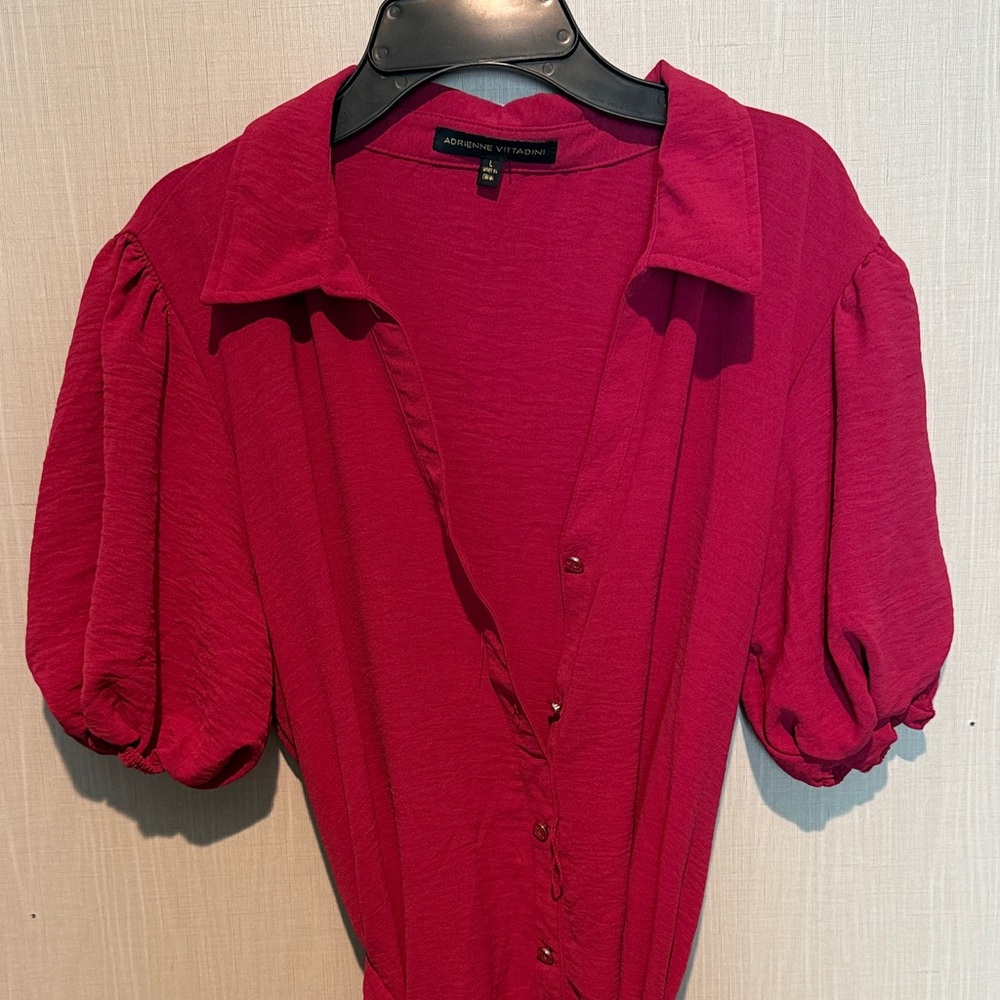 Adrienne Vittadini Women's Magenta Puff-Sleeve Button Front Blouse